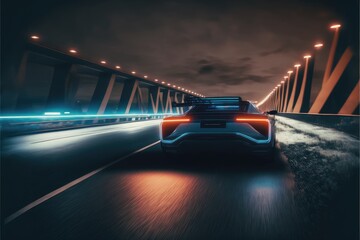 Wall Mural - Cyber neon driving green power sport car with hybrid technology automotive in futuristic. Concept of light glowing on dark city view in night life. Finest generative AI.