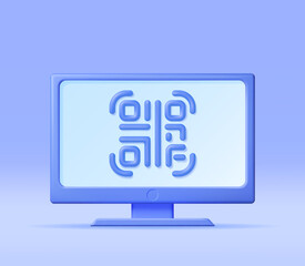 Poster - 3d QR Code Icon on Computer. Render Modern QR Code Symbol. Concept of Online Shopping. Advertisement, Marketing and Promotion. Scan Code for Verification Payment or identification. Vector Illustration