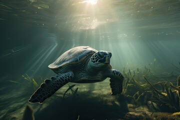 Wall Mural - Beautiful Underwater Postcard. Maldivian Sea Turtle Floating Up And Over Coral reef. Loggerhead in wild nature habitat. Generative Ai.