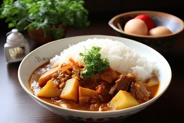 Japanese ordinary curry rice (Potatoes, carrots, onions and beef in spicy yellow curry served with steamed rice.). Generative Ai