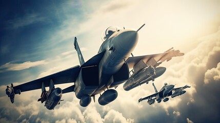 Sticker - Military fighter aircraft at high speed, flying high in the sky. Generative Ai