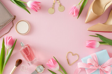 Wall Mural - Women's Day atmosphere concept. Top view photo of perfume bottle сosmetics accessories and bijouteries beige women shoes handbag watches and tulips on pastel pink background with empty space