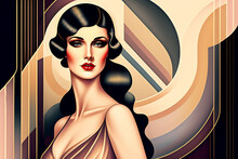 Drawing Of Stunning Feminine 1920s Woman, Muted And Subtle Pastel Art Deco Colors.