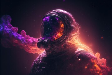 Wall Mural - Surreal image of astronaut with floating intrinsic iridescent in nebula. Element of colorful spiral smoke with space suit on outre imagination design. Finest generative AI.