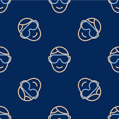 Wall Mural - Line Eye sleep mask icon isolated seamless pattern on blue background. Sleeping mask. Vector