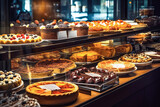 Fototapeta Londyn - Display case filled with lots of different types of cakes,. tarts and pies on display in a bakery or bakery store or restaurant, high quality generative ai