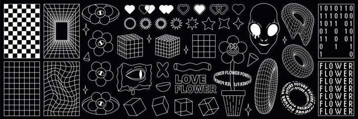 Wall Mural - rave psychedelic retro futuristic set in trendy y2k style. face alien, flower power character. surre