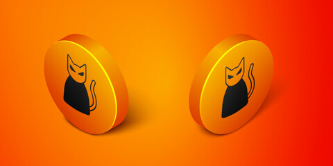 Wall Mural - Isometric Black cat icon isolated on orange background. Happy Halloween party. Orange circle button. Vector