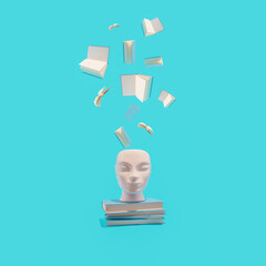 Wall Mural - Human head with books on gradient pastel blue background. Surreal, education, study and knowledge concept