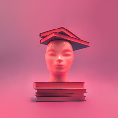 Wall Mural - Human head with books on gradient red background. Surreal, education, study and knowledge concept