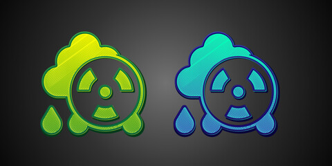 Wall Mural - Green and blue Acid rain and radioactive cloud icon isolated on black background. Effects of toxic air pollution on the environment. Vector