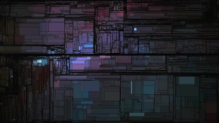 Canvas Print - Moving, generating blue and purple rectangle, squares with black lines. Computer code, abstract modern animation