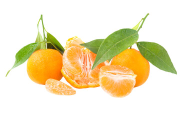 Wall Mural - Orange mandarins with green leaves in PNG isolated on transparent background