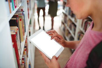 Poster - Schoolboy using digital tablet in library