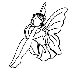 Angel sitting with wings line art drawing 