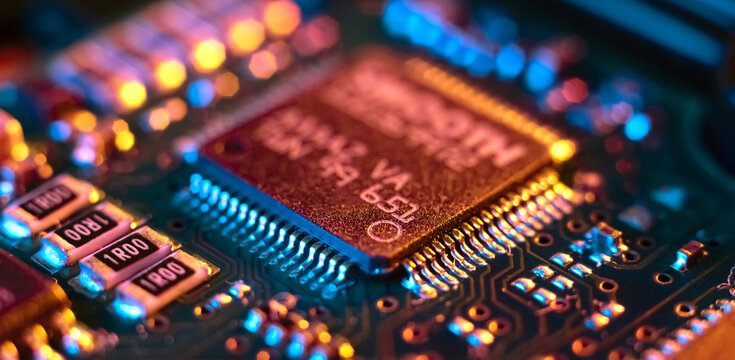 Wall Mural - Computer Microchips and Processors on Electronic circuit board. Abstract technology microelectronics concept background. Macro shot, shallow focus.