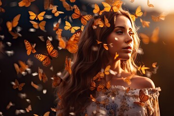 A dreamlike portrait of a girl with butterfly wings surrounded by floating petals and butterflies.