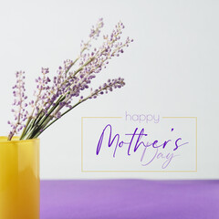 Poster - Purple flowers with Happy mothers day greeting in square for minimal holiday background.