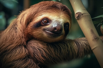 Wall Mural - Cute sloth hanging on tree branch with funny face look. Generative AI