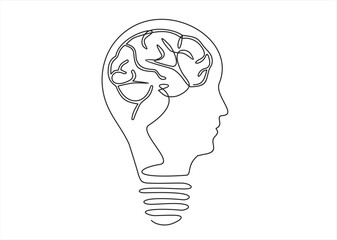 Aufkleber - Continuous One  line drawing of light bulb, in the form of a human face with brain inside. Smart power and psychological company icon label concept.