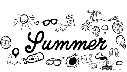 Sticker - Summer text surrounded by various colorful vector icons