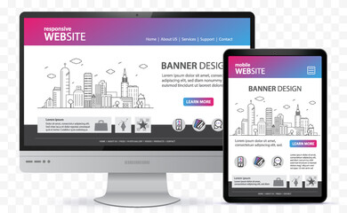 Poster - Responsive Website Design With Desktop Computer and Tablet PC Screen Vector Illustration. Digital devices on transparent background.