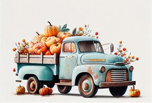 Watercolor Retro Truck With Pumpkins Isolated On White Background For Halloween Designs Like Cards, Invitations, Holiday Decorations. Generative AI