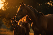 A Beautiful Brown Mare Nurturing And Teaching Her Sweet New Little Foal On A Golden Summers Evening. Generative AI