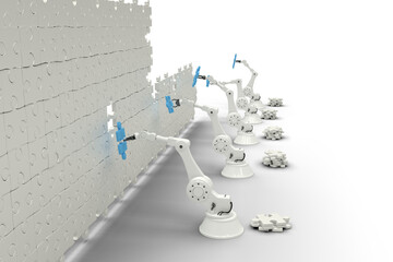 Poster - high angle view of robotic hands arranging jigsaw pieces on puzzle