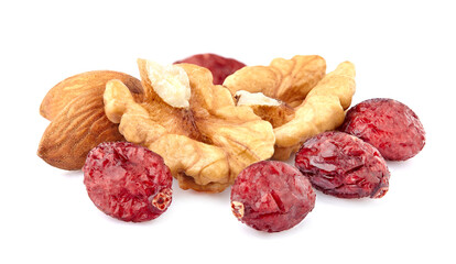 Wall Mural - Dried cranberry with nuts isolated on white background. Berries with walnuts and almonds.