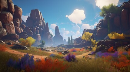 Wall Mural - Stunning alien landscape. Strange vegetation and Huge mountains against bright cloudy sky. Fantasy landscape. Alien planet. Generative AI illustration.