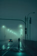 Figure walking down city street at night, fog, green tint, street lights. Generative AI
