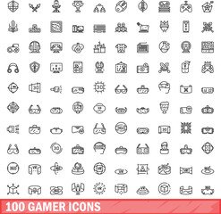 Poster - 100 gamer icons set. Outline illustration of 100 gamer icons vector set isolated on white background