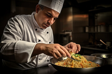 Chef preparing a meal in the kitchen of a restaurant or hotel, Generative AI