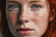 © TRINETTE + CHRIS - Closeup beauty portrait of redhead woman with freckles and blue eyes. Generative AI.