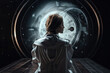 © TRINETTE + CHRIS - Futuristic woman in space suit sitting in front of warped clock illustrating passage of time. Generative AI.