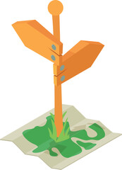 Poster - Orienteering concept icon isometric vector. Old wooden road sign on paper map. Active recreation, tourism, hiking