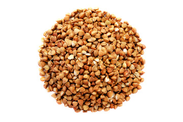 Wall Mural - Pile of buckwheat seeds isolated on white background, top view. Buckwheat seeds isolated on white. Buckwheat grains isolated on white background, top view. Buckwheat for porridge.