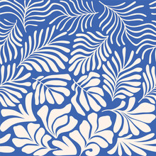 Blue White Abstract Background With Tropical Palm Leaves In Matisse Style. Vector Seamless Pattern With Scandinavian Cut Out Elements.