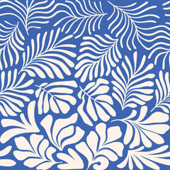 Blue white abstract background with tropical palm leaves in Matisse style. Vector seamless pattern with Scandinavian cut out elements.