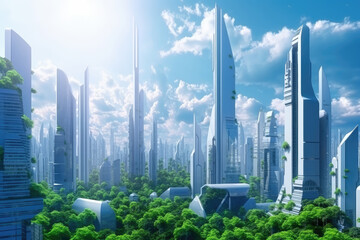 Futuristic friendly ecology mega city buildings and towers, green environment city center metropolis, forest and garden in midtown, greenery skyscraper, Sustainable nature with Generative AI