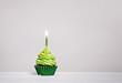 Green cupcake with sprinkles and lit birthday candle on a white grey background.