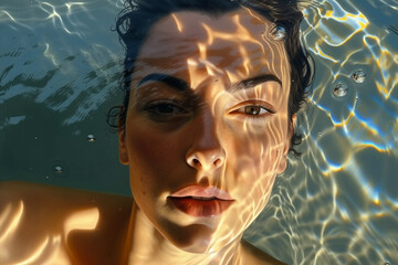 beautiful model girl , in the swimming pool enjoying the summer and the sun, generative ai illustrat
