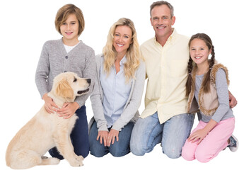 Wall Mural - Family with golden retriever over white background