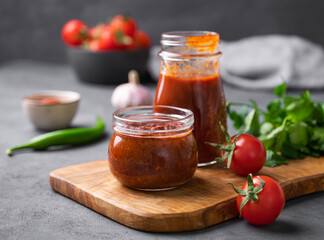 Wall Mural - Tomato paste of hot pepper marinara with garlic, tomatoes and herbs in jars on a wooden board on a dark background.