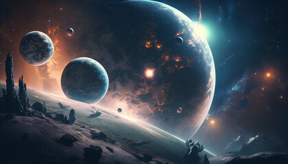 Wall Mural - different planets in the galaxy, view from space, generative ai