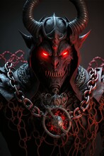 Horned Demon With Chains In Armor With Glowing Eyes, Using Dark Magic, Dressed In Black And Red