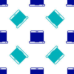 Poster - Blue Laptop icon isolated seamless pattern on white background. Computer notebook with empty screen sign. Vector