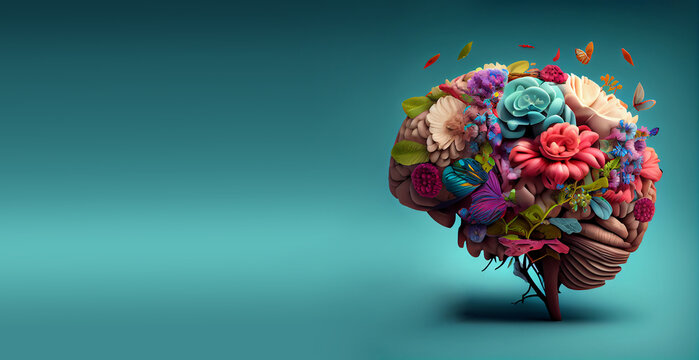 human brain tree with flowers, self care and mental health concept, positive thinking, creative mind