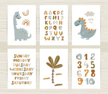 Set Of Posters With Cute Dinosaurs, Numbers And Alphabet Dinosaurs